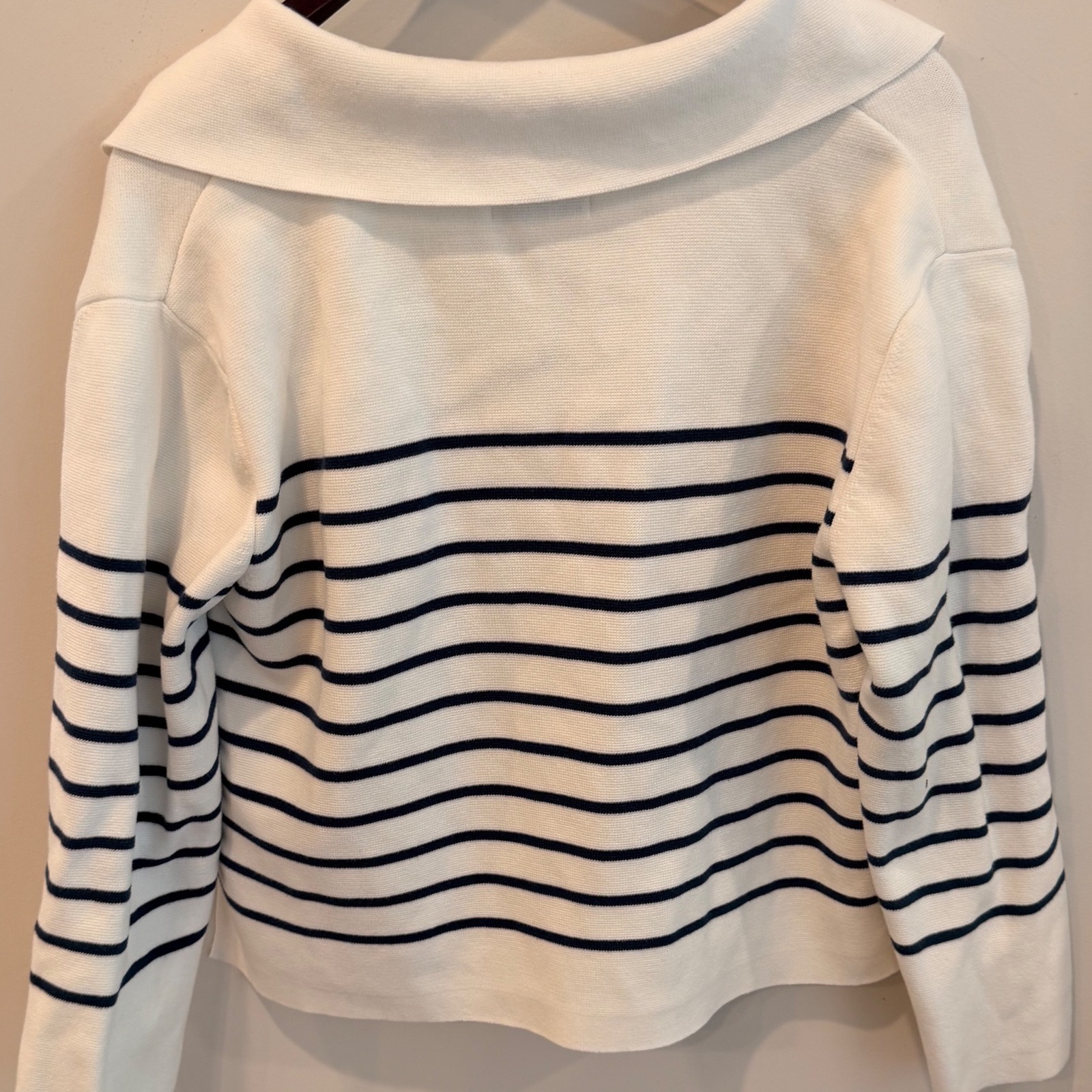 Lake Pajamas Women M Striped Cotton Knit Sweater Polo Collar Navy Cream Euc — image 3 of 6
